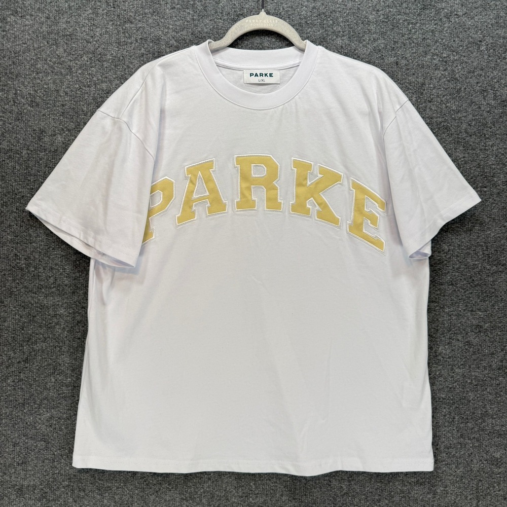 Parke Varsity Tshirt Women L/XL White Applique Logo Collegiate Crew Neck Relaxed